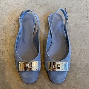Hermes baby Blue Slingback Flats with Silver Buckle